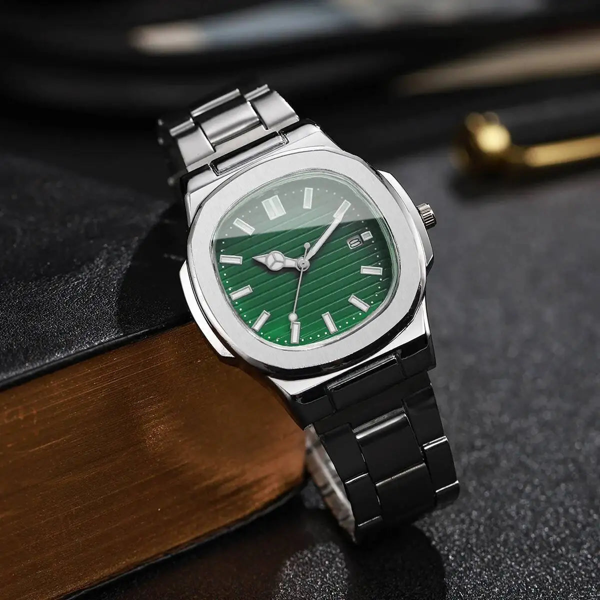 Luxury Men Business Watches Fashion Square Dial Stainless Steel Strap Quartz Watch with Calendar For Mens Clock(Without Box)