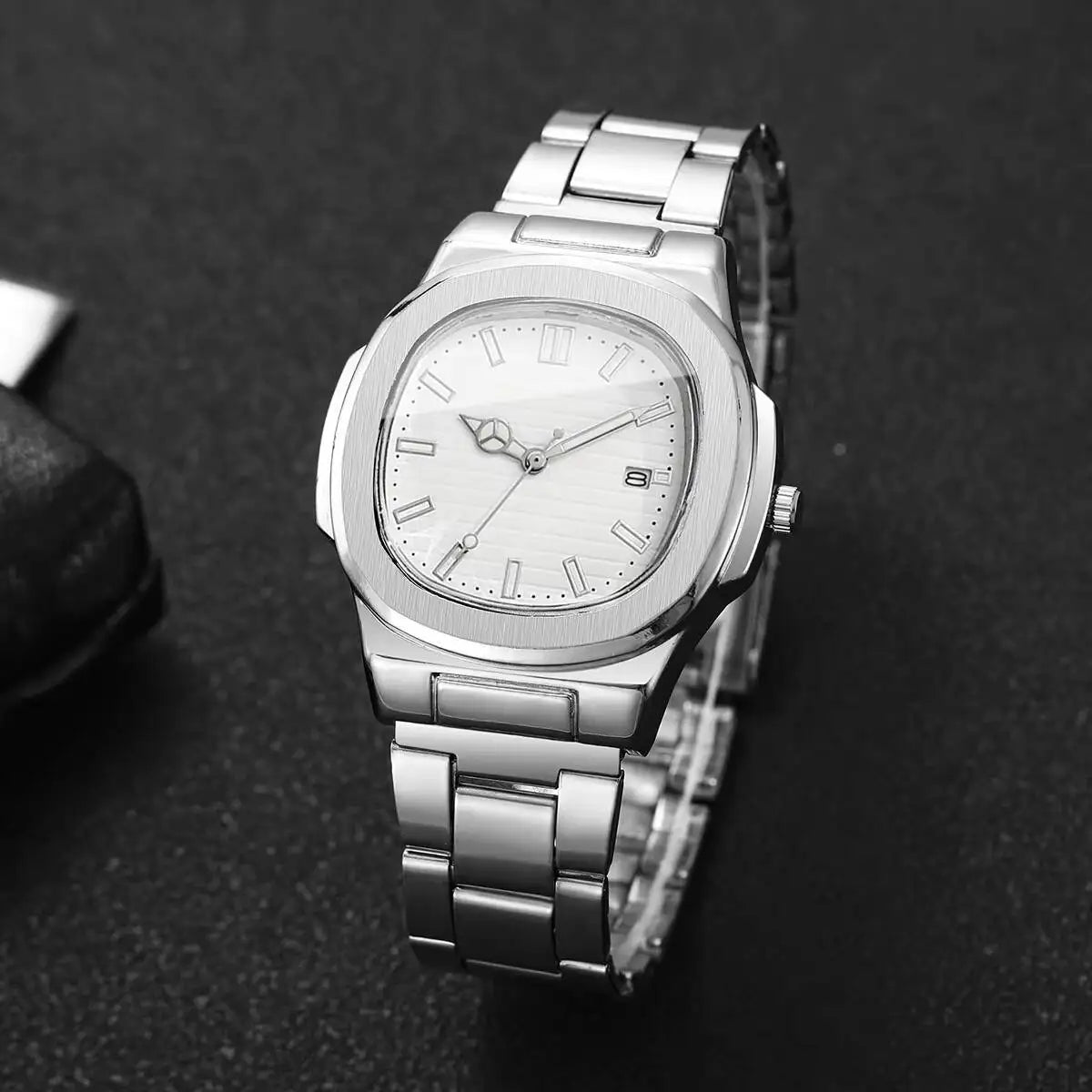 Luxury Men Business Watches Fashion Square Dial Stainless Steel Strap Quartz Watch with Calendar For Mens Clock(Without Box)