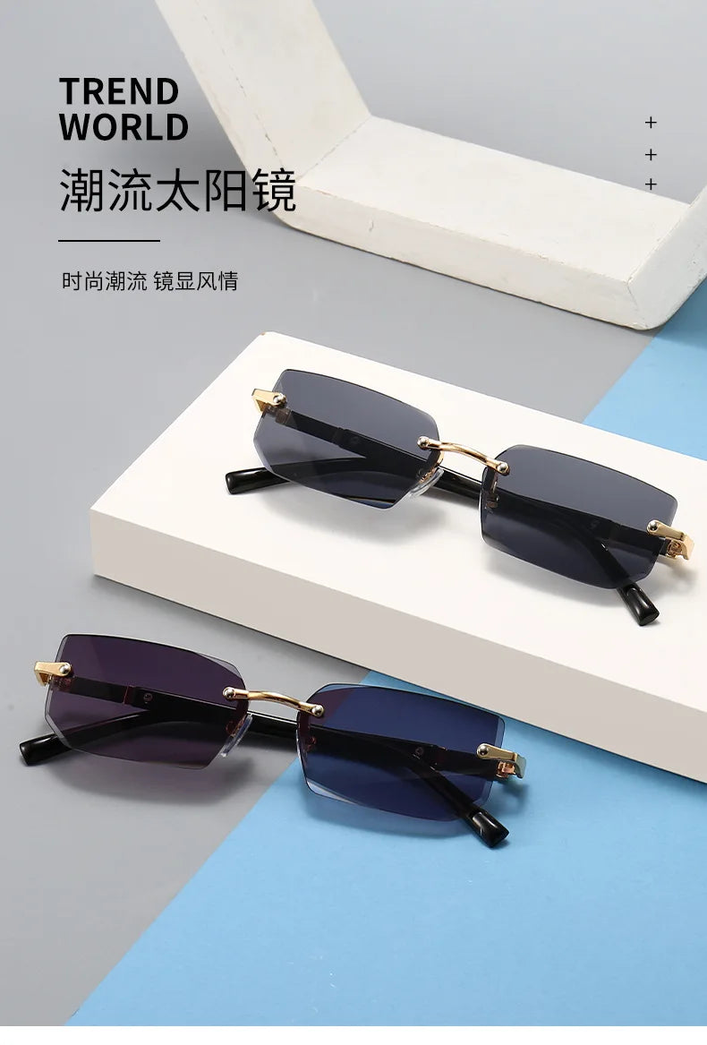 Rimless Sunglasses Rectangle Fashion Popular Women Men